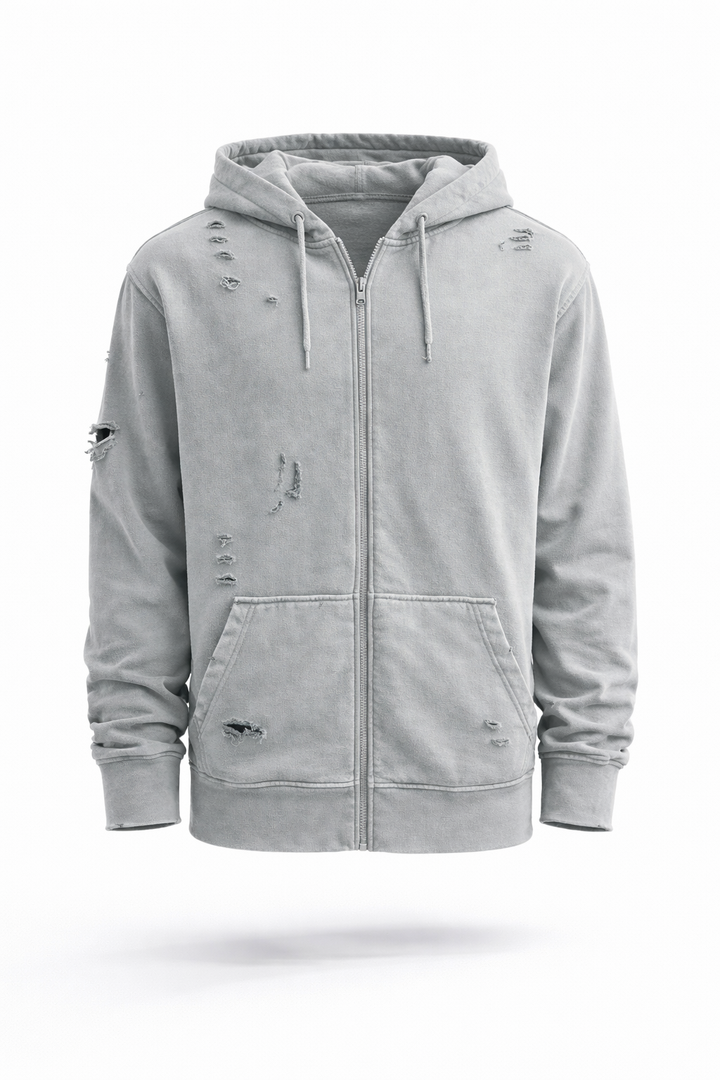 Distressed Zip Hoodie Grey Washed