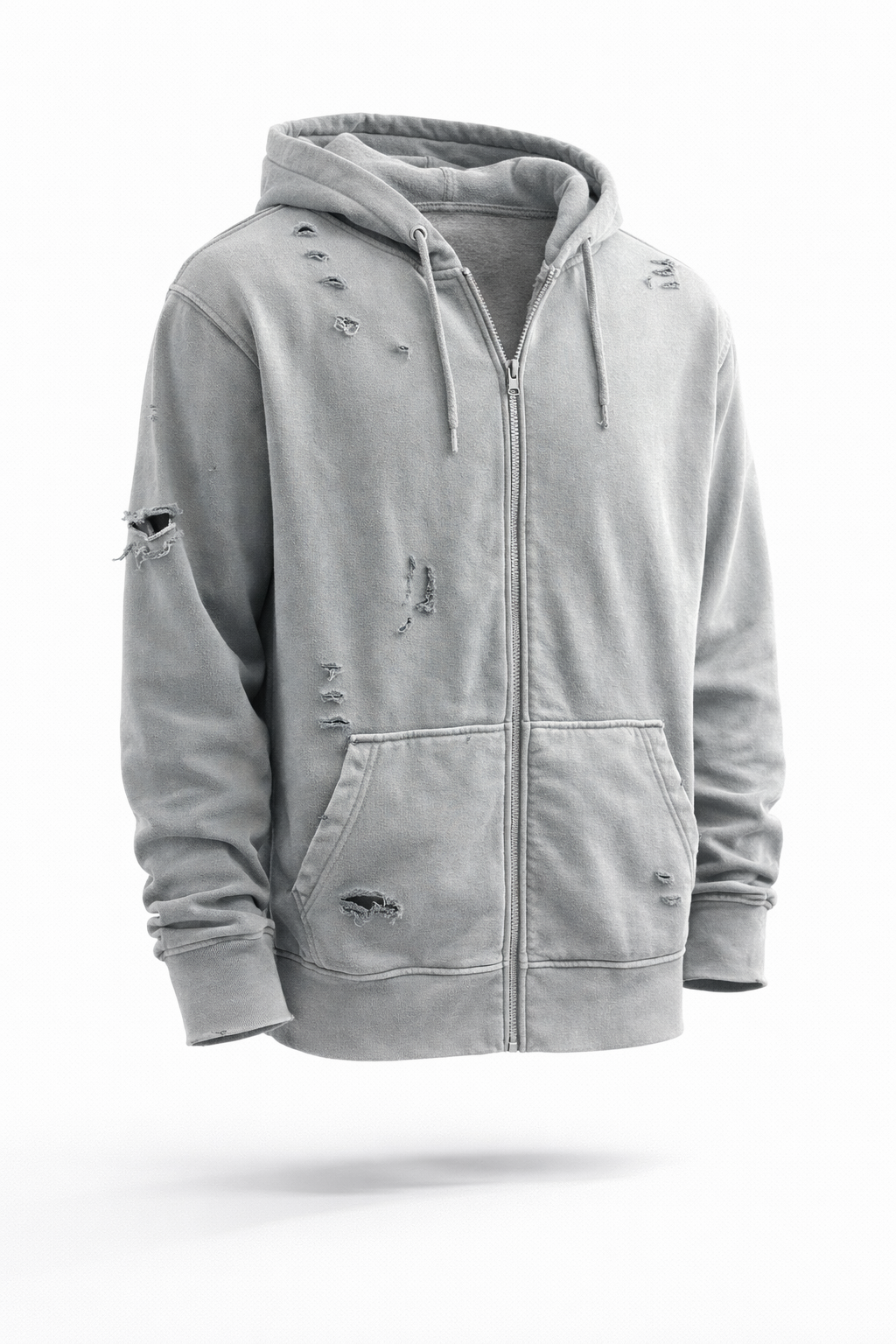 Distressed Zip Hoodie Grey Washed