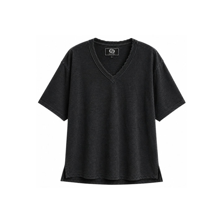 Deep V Linen Tee Black
