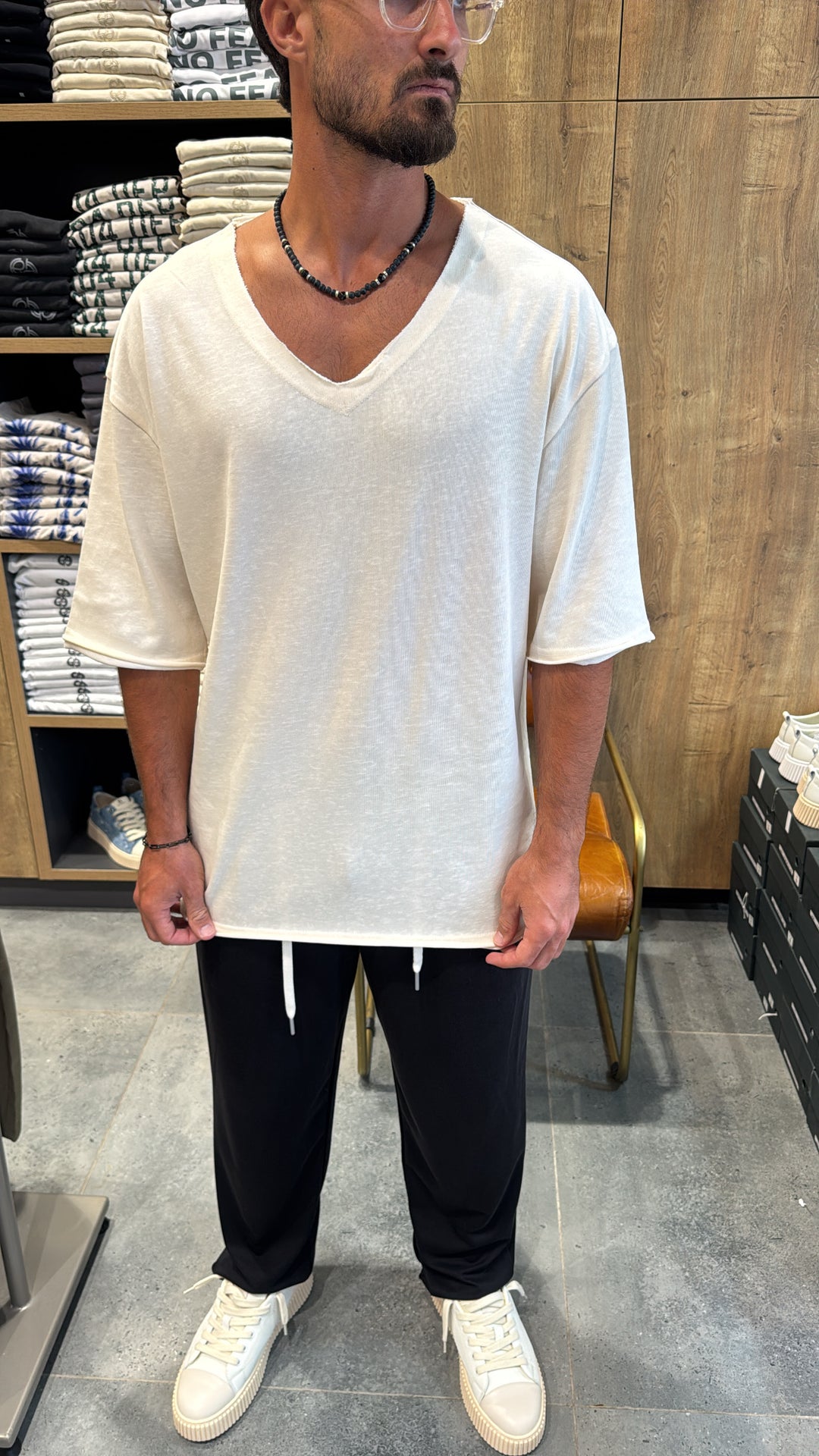 DEEP V LINEN TEE Cream