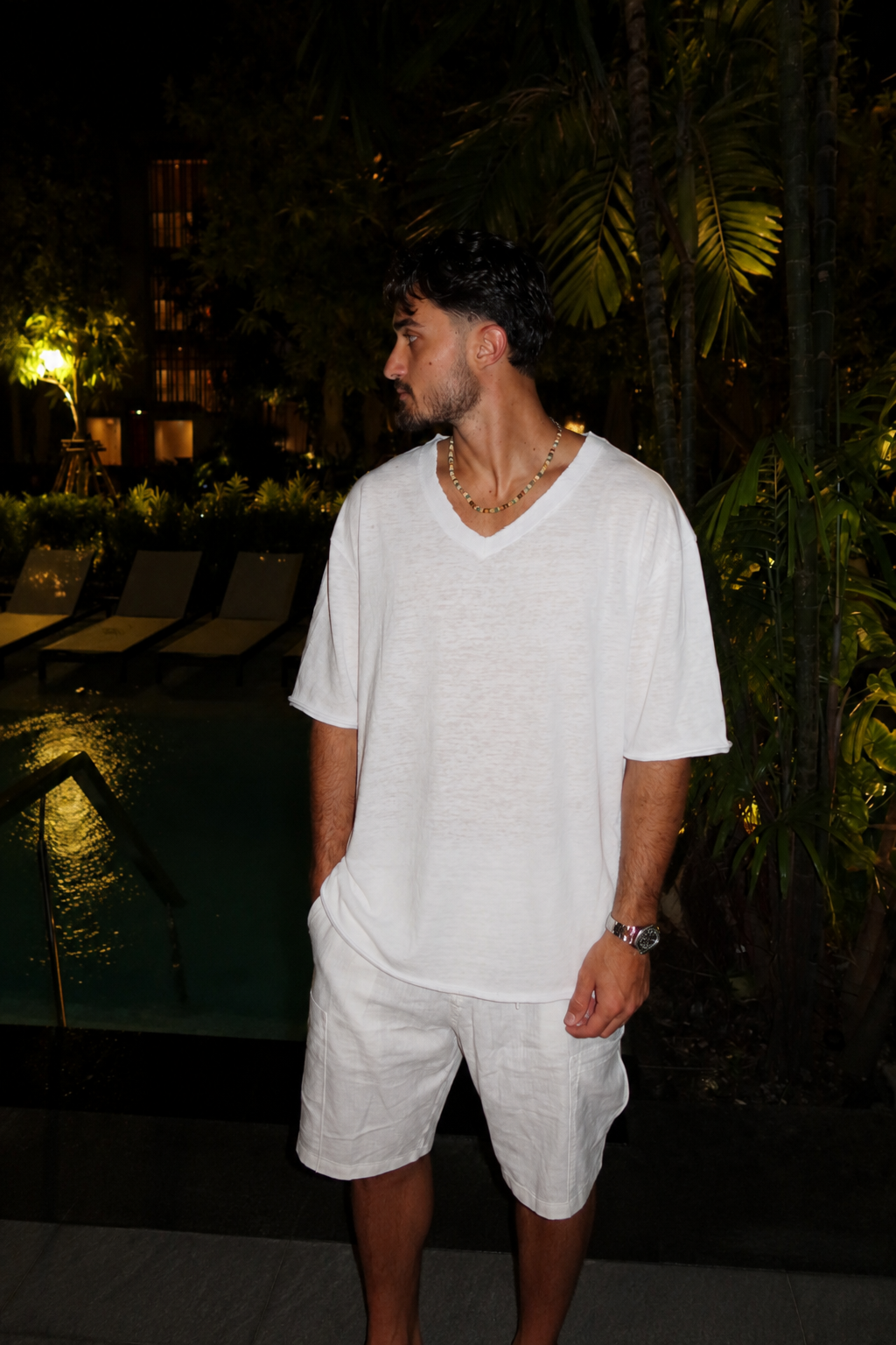 Deep V Linen Tee White