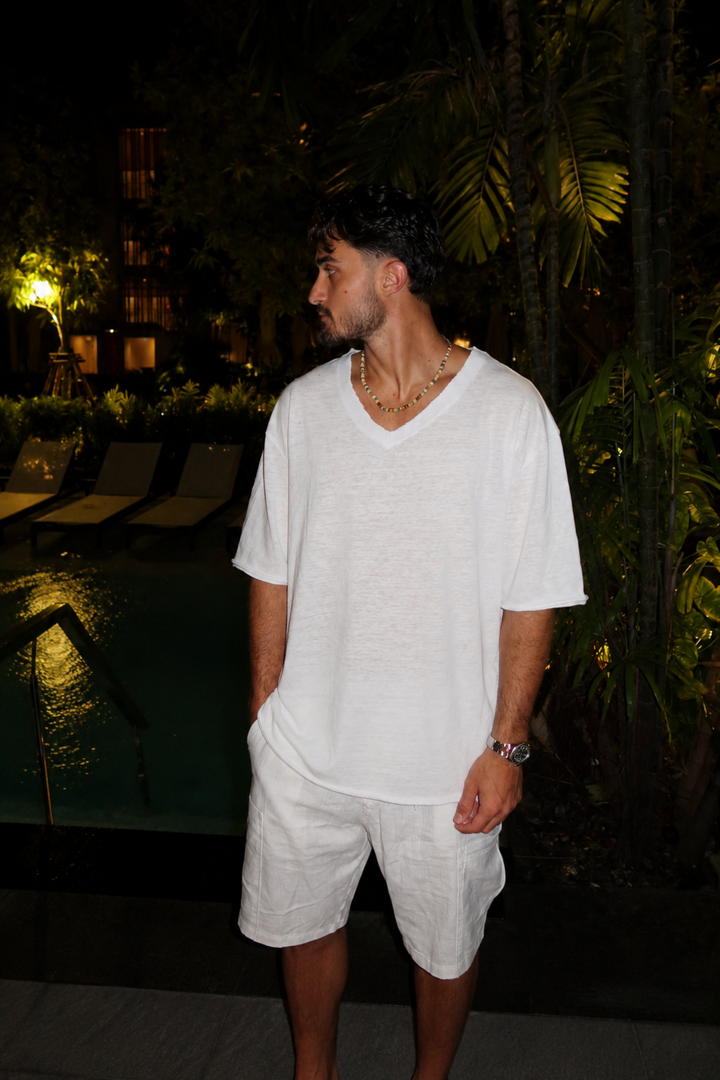 Deep V Linen Tee White